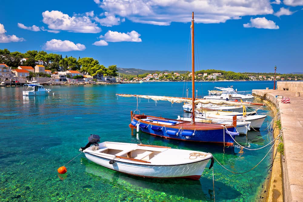 Korcula. Lumbarda coastal village on island of Korcula turquoise waterfront view, southern Dalmatia region of Croatia