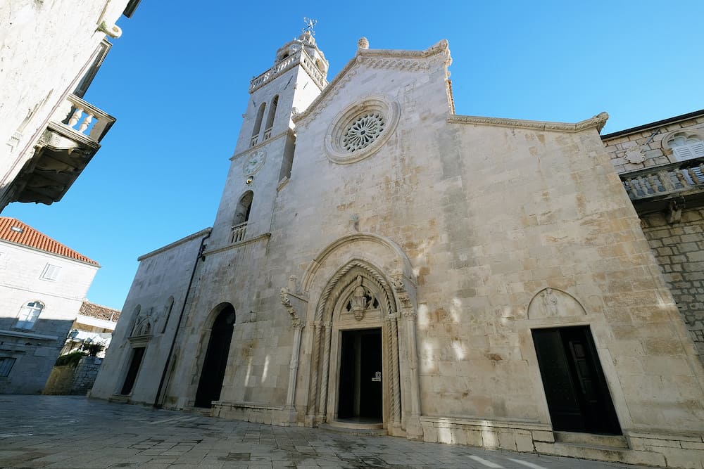 KORCULA, CROATIA - St Mark s Cathedral in the historic city Korcula at the island Korcula in Croatia 