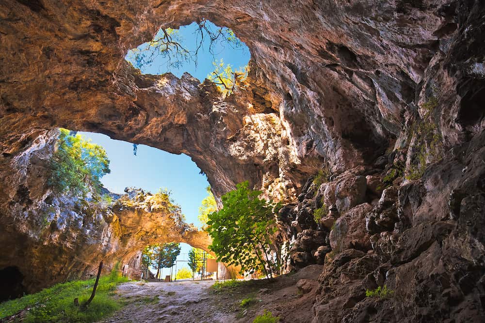 Korcula. Vela spilja cave in Vela Luka on Korcula island view. Amazing landscape of Dalmatia region of Croatia.