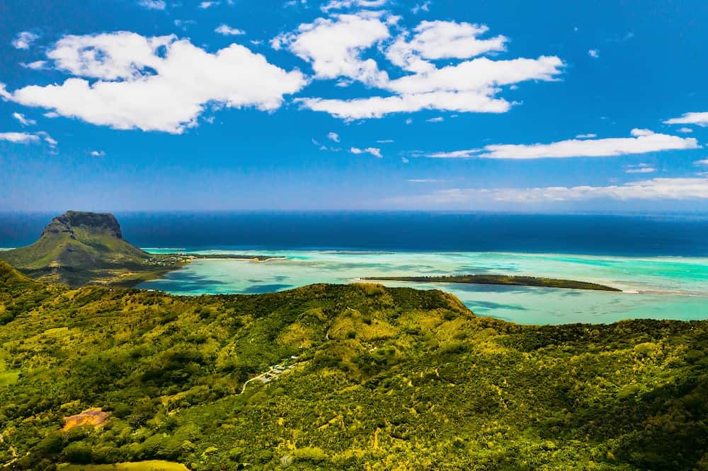 A birds-eye view of Le Morne Brabant, a UNESCO world heritage site.View of the Sands Chamarel