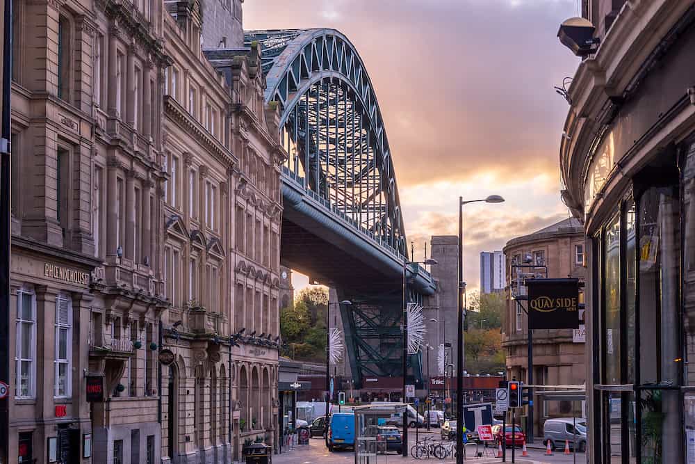 Newcastle Upon Tyne, England - Classical Georgian architecture of Grainger Town, Newcastle upon Tyne, with the famous Tyne Bridge in the background