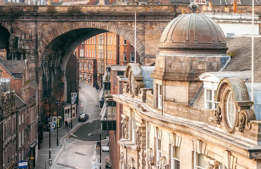 Rooftop View of Georgian Sandstone Architecture along Side and Dean Street from Tyne Bridge in Newcastle upon Tyne, UK