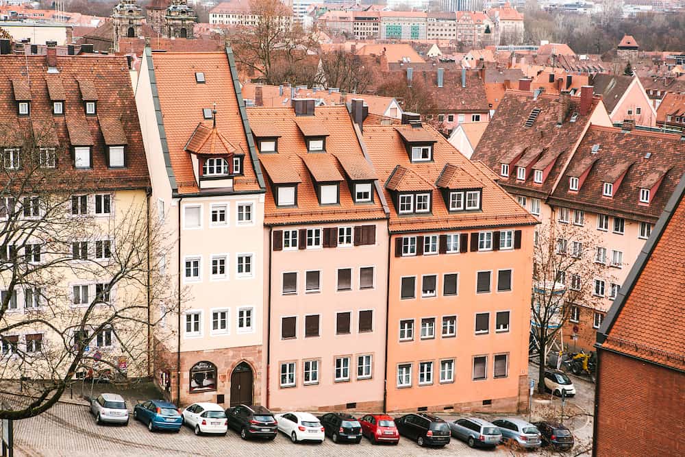 Beautiful panoramic city view with residential buildings in Nuremberg, Germany.
