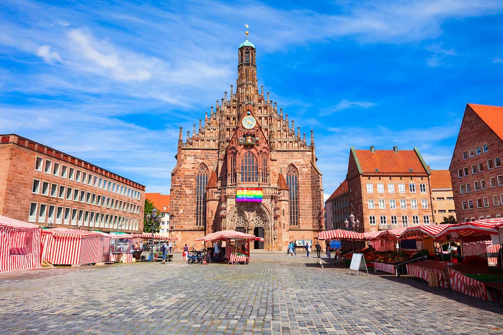 The Frauenkirche or Church of Our Lady at Hauptmarkt main square in Nuremberg old town. Nuremberg is the second largest city of Bavaria state in Germany.