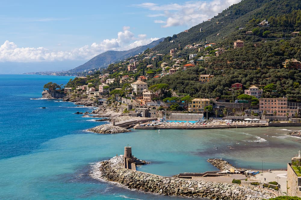 RECCO, ITALY, View of town of Recco and Ligurian coast, Genoa Province, Italy
