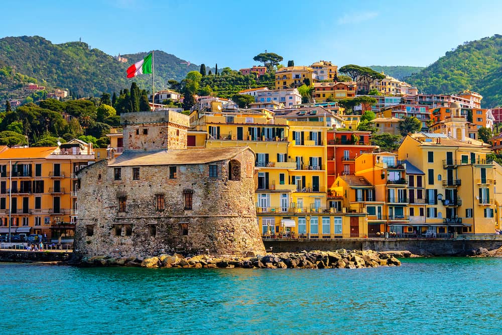 italian castle by the sea Castello di Rapallo in the italian riviera Portofino area - Genova - Liguria - Italy .