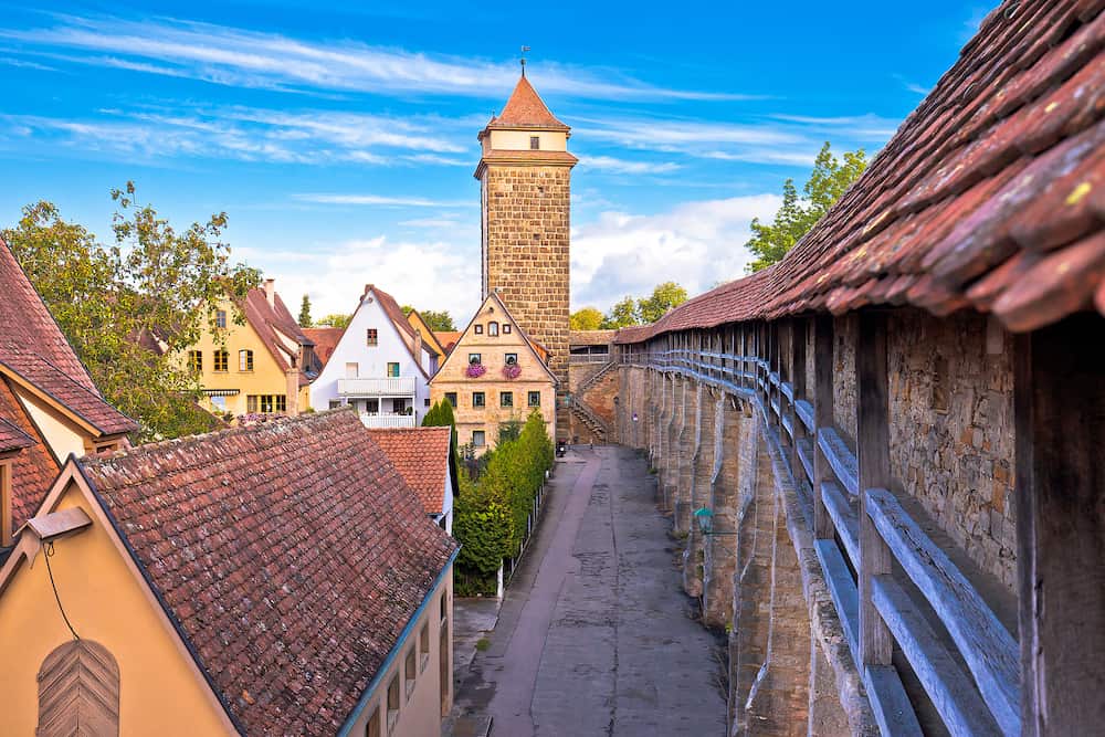 Historic walls and tower in town of Rothenburg ob der Tauber view, Romantic road of Bavaria region of Germany