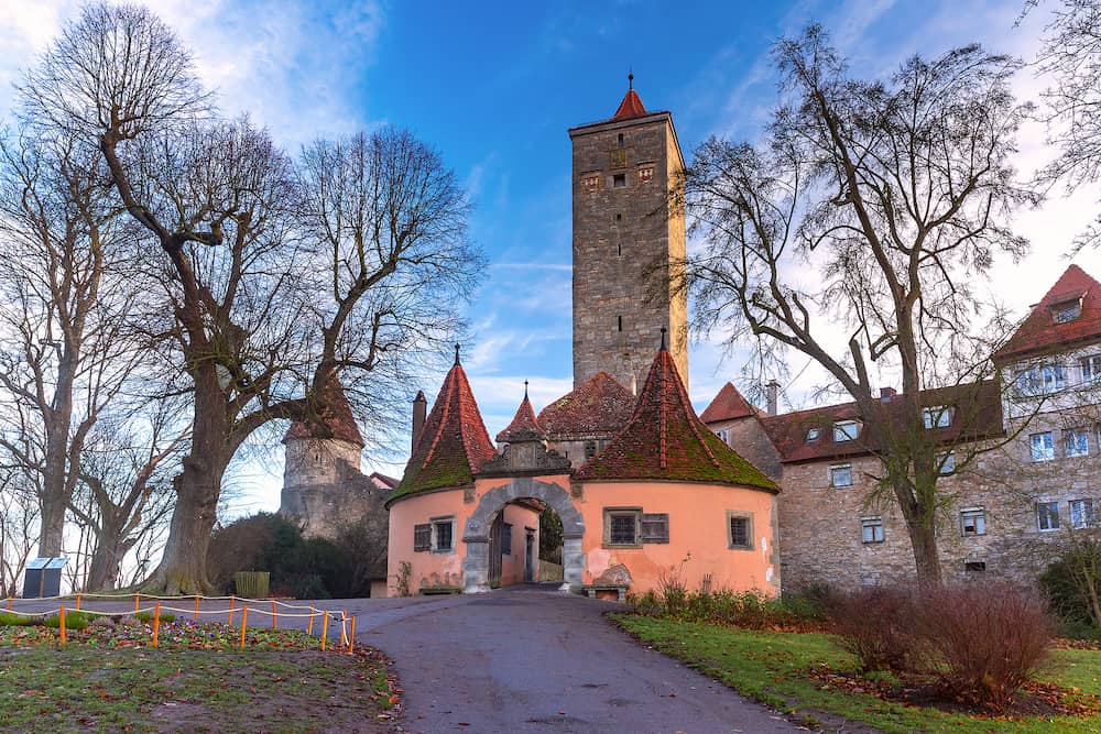 Western town gate and tower Burgturm and Stadttor in medieval Old Town of Rothenburg ob der Tauber, Bavaria, southern Germany