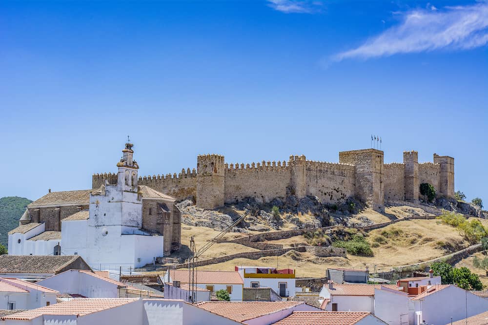View of the Castle of Santa Olalla del Cala in the province of Huelva, Spain,