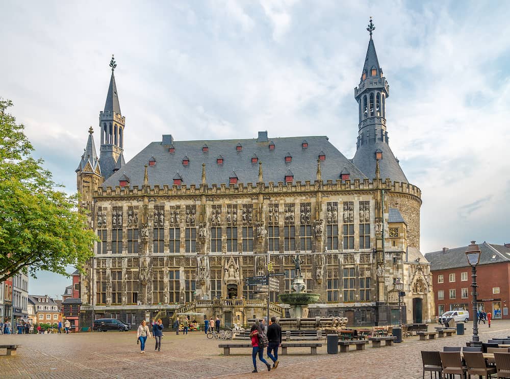 AACHEN, GERMANY - - View at the City hall of Aachen from place. Aachen is the westernmost city in Germany, located near the borders with Belgium and the Netherlands.