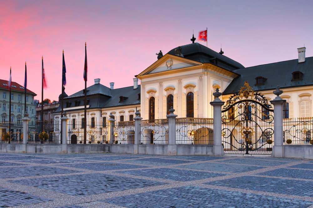 Evening view of presidential palace in Bratislava, Slovakia.