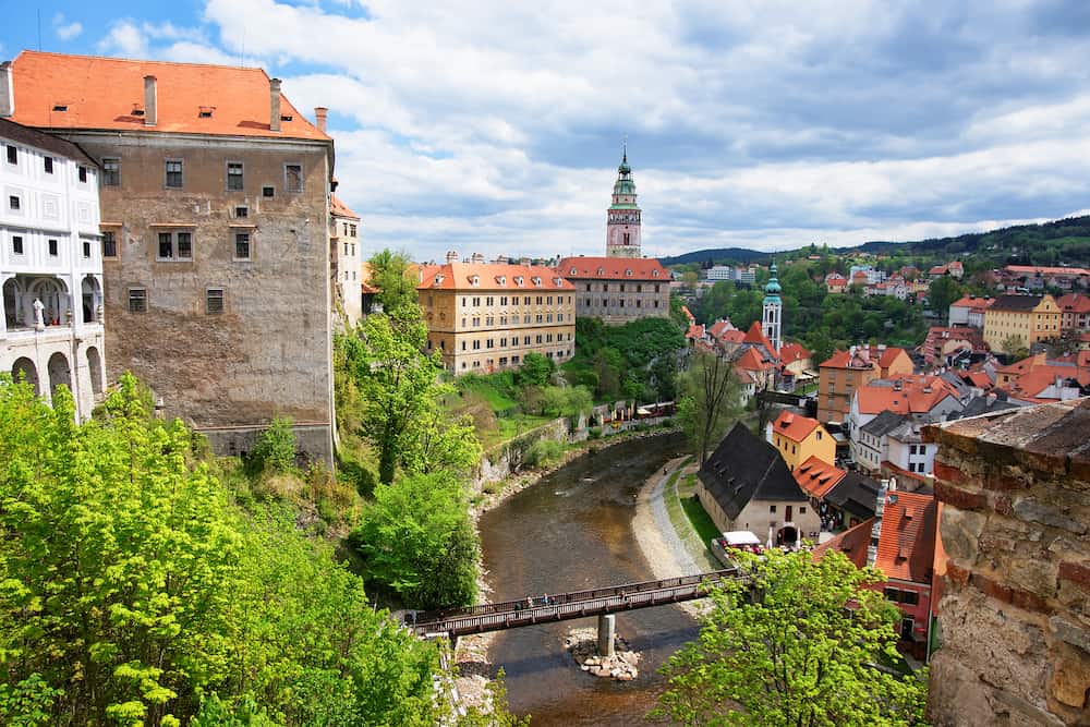 Old city with State Castle and bend of Vltava River of Cesky Krumlov in Czech Republic.