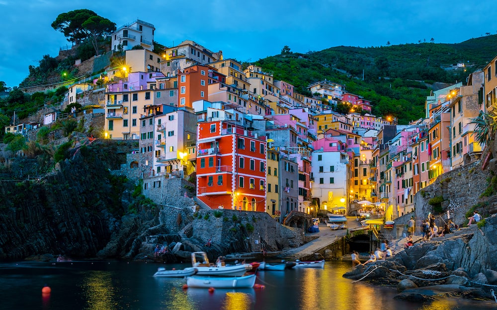 Evening at Riomaggiore Cinque Terre Liguria, Italy, Europe. seascape of the Mediterranean sea