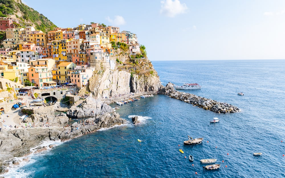 Manarola Village Cinque Terre Coast Italy. Manarola colorful town Liguria on a sunny day