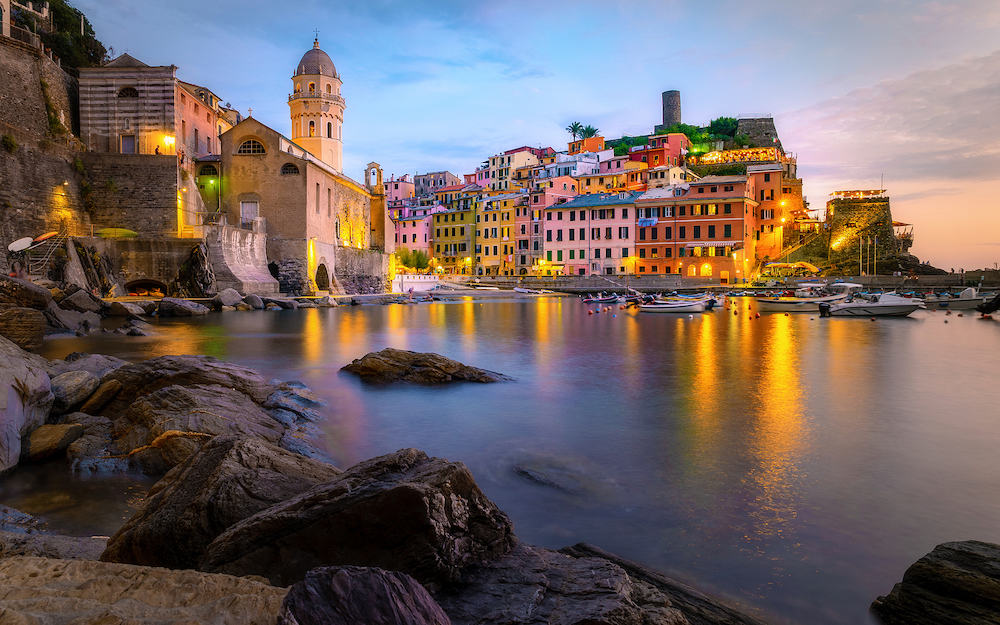 sunset at Vernazza village Cinque Terre National Park Italy, The picturesque village of Vernazza