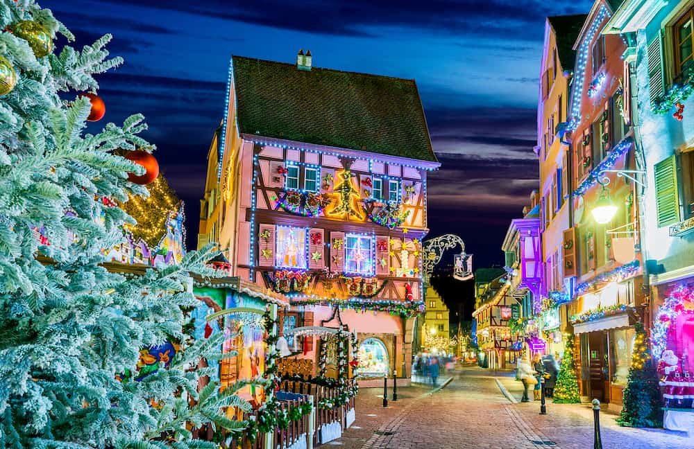 Colmar, Alsace, France. Christmas Market, Marche de Noel with gingerbread houses and local craftsmen, famous in Europe.