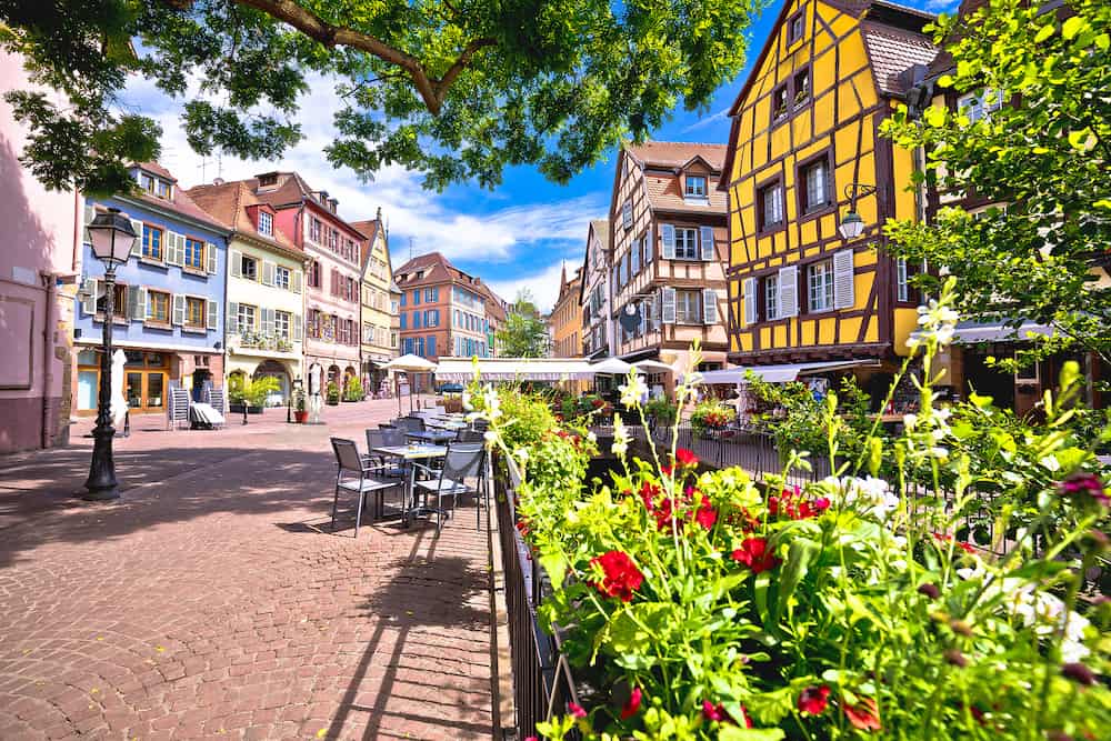 Colorful historic town of Colmar street architecture and flowers view, Alsace region of France