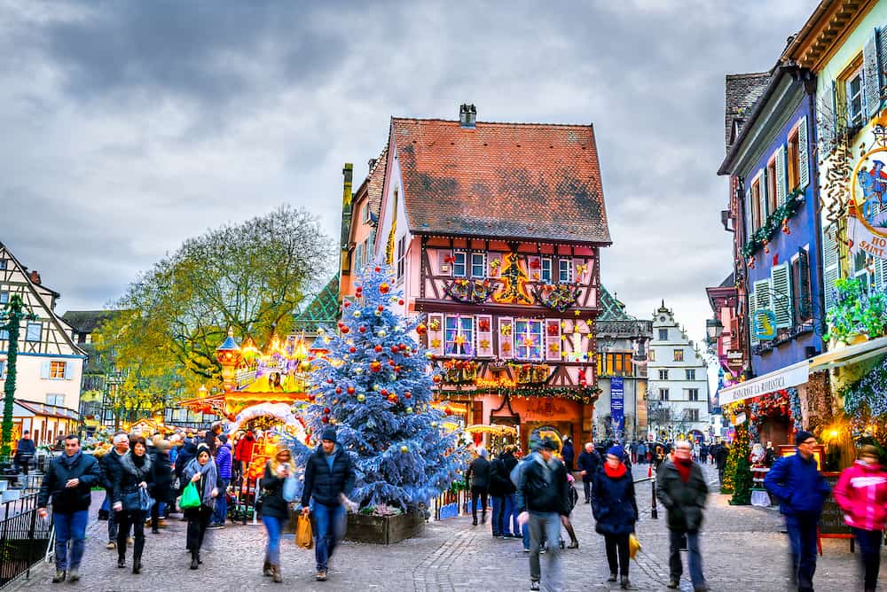 Colmar, France -Traditional Alsatian half-timbered houses Christmas decorated city Colmar in Alsace.