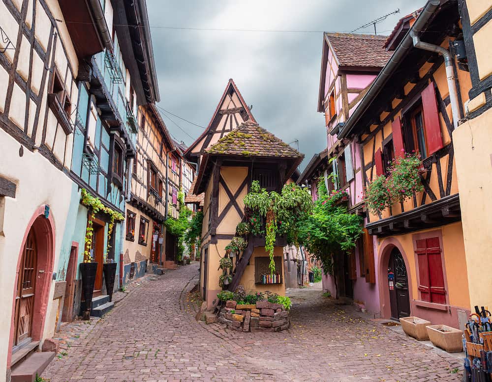 Eguisheim, France - Traditional medieval houses in Eguisheim in Alsace along the wine road