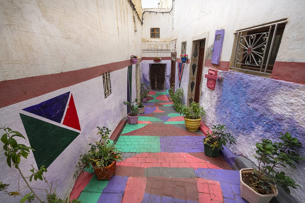 Fez, Morocco. the colored walls of old houses in the old Jewish quarter