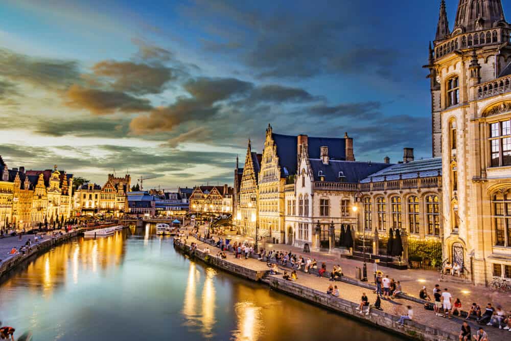 GHENT, BELGIUM - Architecture of the historic city center of Ghent in the Flemish Region of Belgium, after sunset