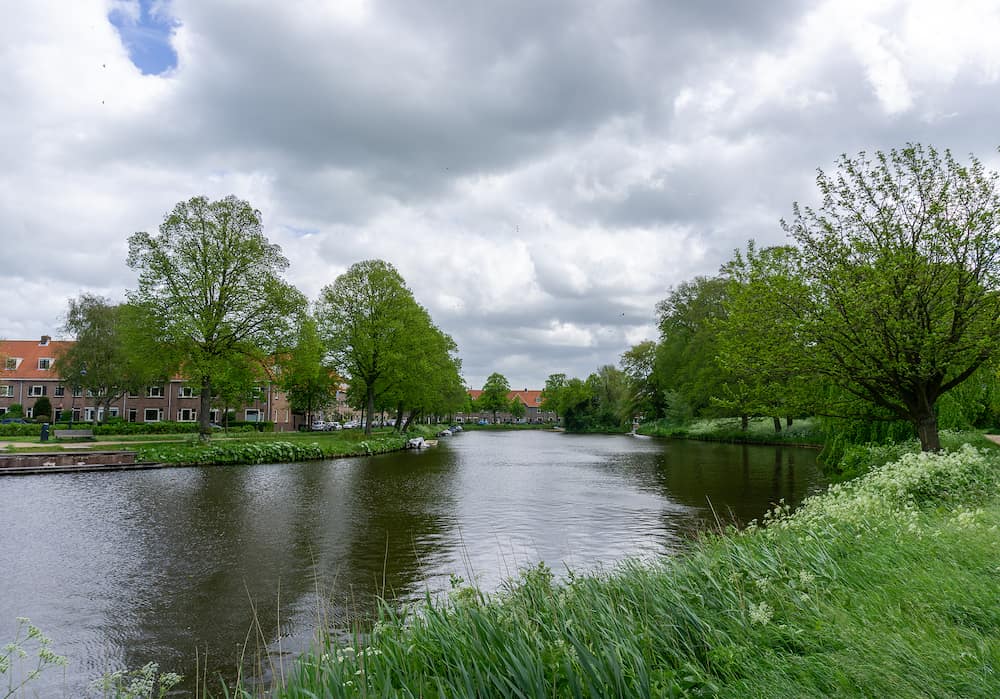idyllic city park on the Nieuwe Graacht canal in the city center of Haarlem