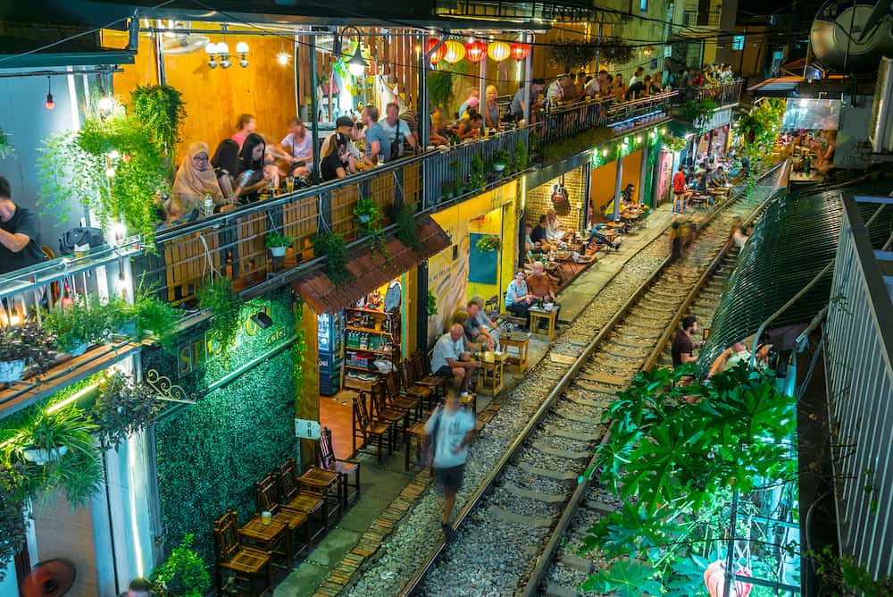 HANOI, VIETNAM - Famous Train Street at the Phung Hung Street, popular tourist destination in old town Hanoi by night