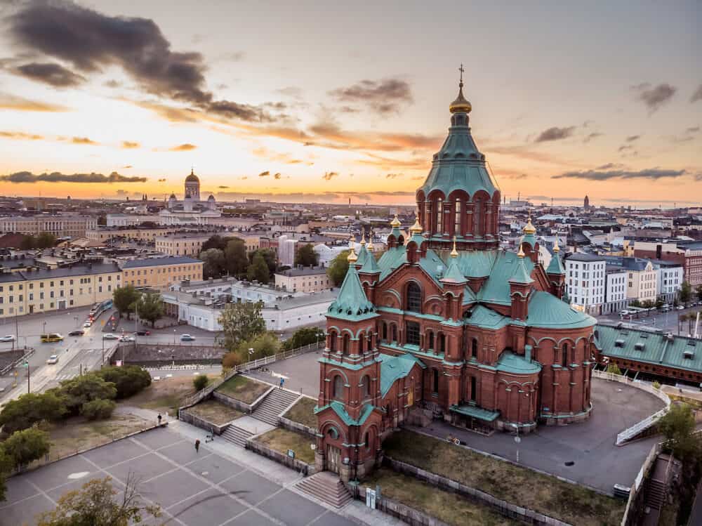 Aerial view of Uspenski Cathedral, Helsinki Finland. Tours in Helsinki. The European Union. Cold toning.