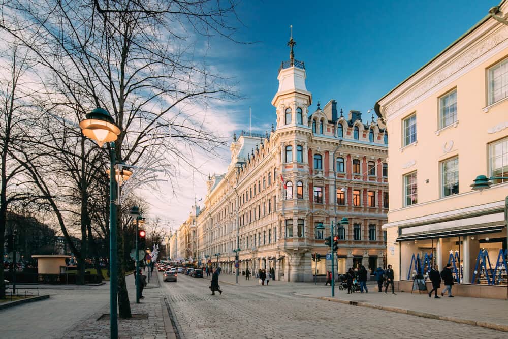 Helsinki, Finland. View Of Pohjoisesplanadi Street In Kluuvi District In Sunny Winter Day.