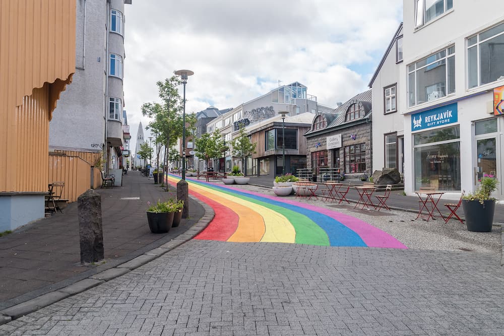 Reykjavik, Iceland - Painted rainbow LGBT on street.