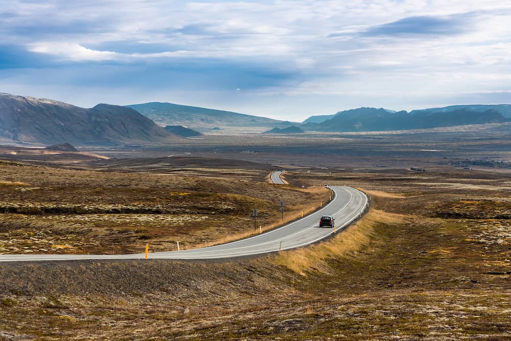 Scenic curvy Iceland ring road within golden circle that connects the island popular tourist sites
