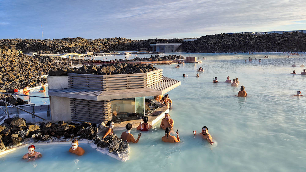 Grindavík, Iceland - people on the wellness pool of Blue Lagoon at Grindavík on Iceland