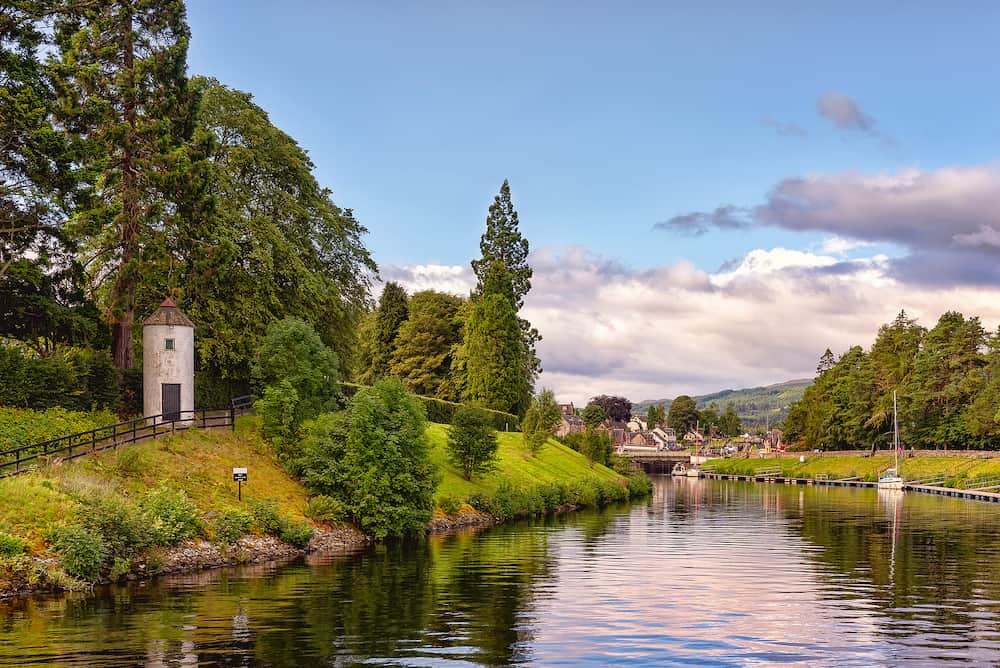 The Caledonian canal in scottish countryside, United Kingdom. This 97 Km long canal connects the Scottish east coast at Inverness with the west coast at Corpach near Fort William in Scotland