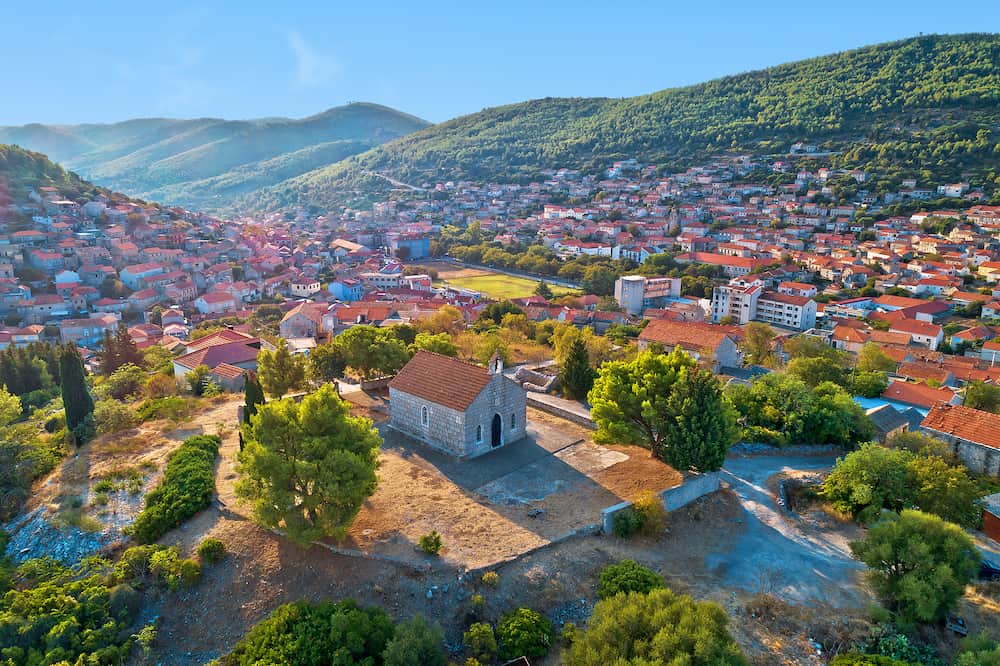 Blato on Korcula island. Historic town of Blato in church on the hill aerial view, southern Dalmatia region of Croatia