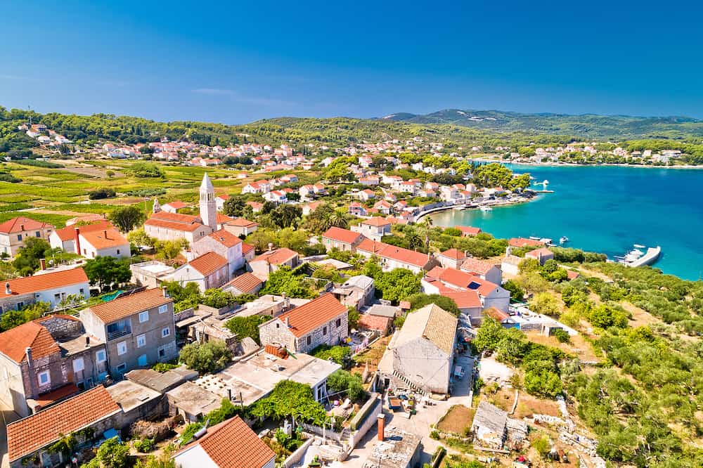Lumbarda. Korcula island vllage of Lumbarda archipelago aerial view, southern Dalmatia, Croatia