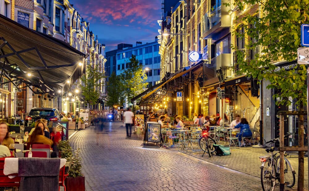 LEUVEN, BELGIUM - Restaurants in the old town of Leuven, in the Flemish Region of Belgium, in the night