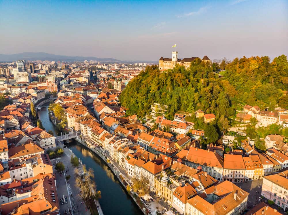 Cityscape of Ljubljana, capital of Slovenia in warm afternoon sun.