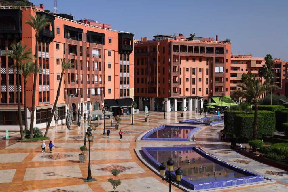 People visit Jardin 16 Novembre square in Gueliz district of Marrakech city, Morocco.