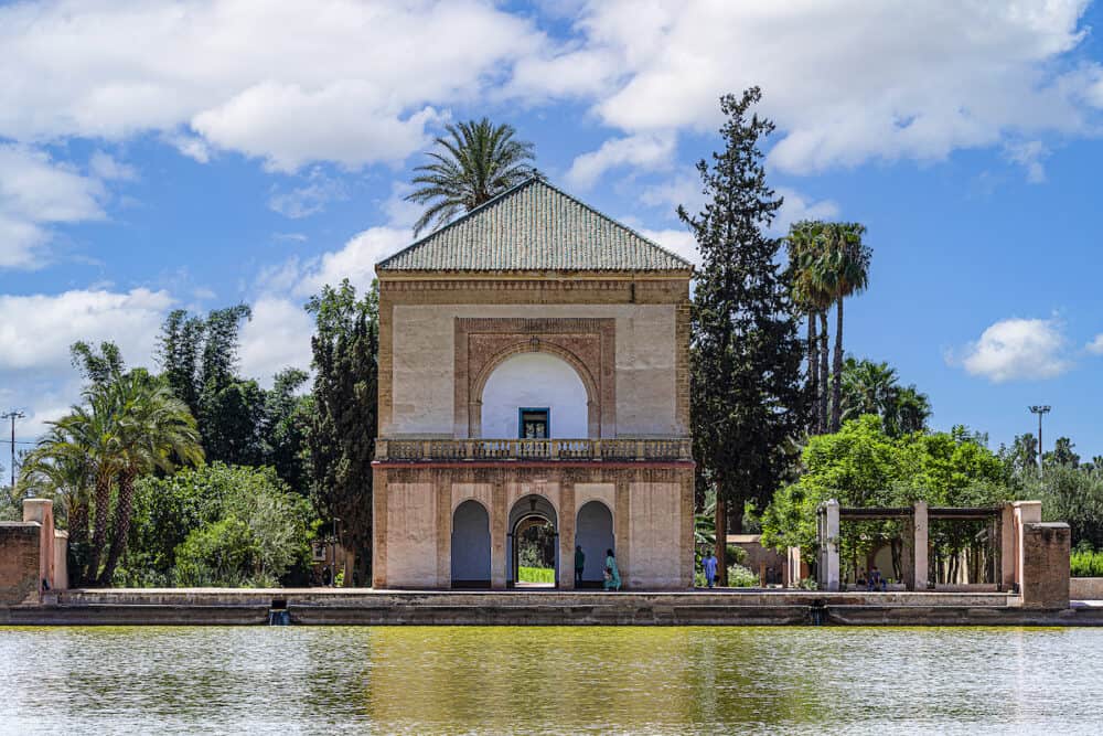 Panoramic view of the Menara Gardens which are located west of Marrakech (Morocco), at the gates of the Atlas Mountains and is one of the most visited tourist places in this Arab country.