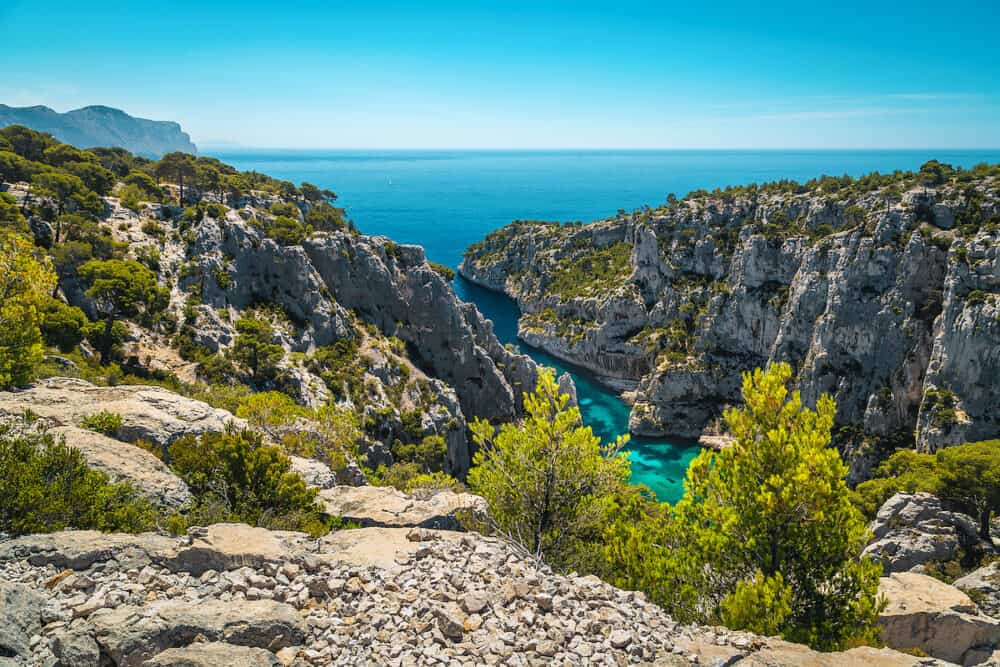 Stunning view from the hiking trail with Calanques D'En Vau bay, Calanques National Park, Cassis, Bouches-du-Rhone, South France, Europe