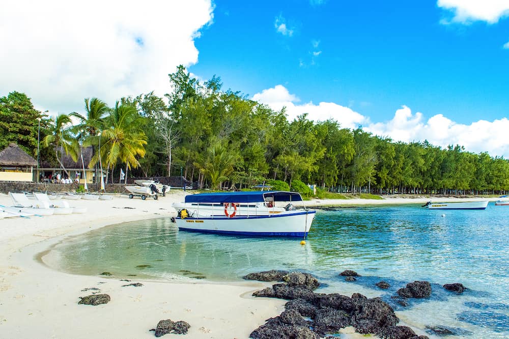 Belle Mare, Mauritius - Beautiful summer landscape of the tropical coast with palms and sandy beach, Mauritius island