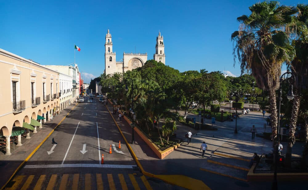 View to the cathedral of Merida over the main square park Plaza Grande from the Olimpo Cultural Center in Merida, Yucatan, Mexico