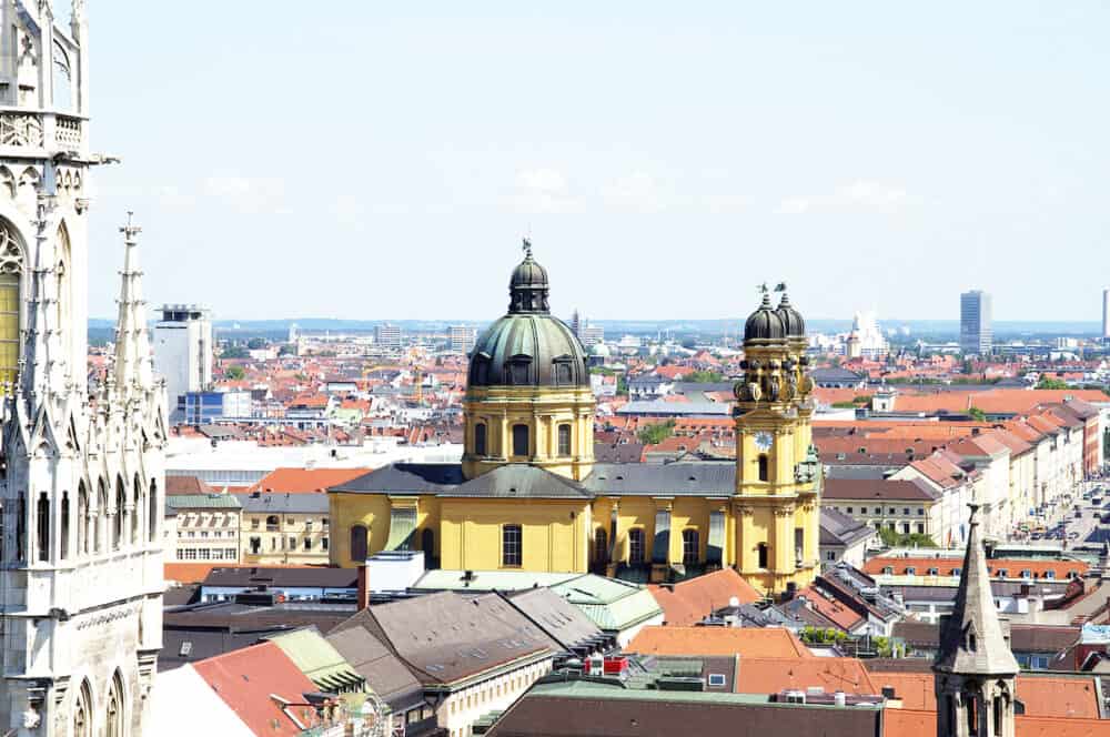 View from above at Munich towards north facing Theatinerkirhce Cathedral and Schwabing