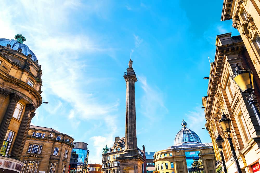 Charles Grey Monument in the city center of Newcastle upon Tyne UK during the day. Blue sky