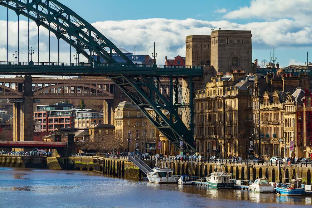 Newcastle, England - Bridges over river Tyne at Newcastle Quayside viewed from High Level Bridge on an early spring day