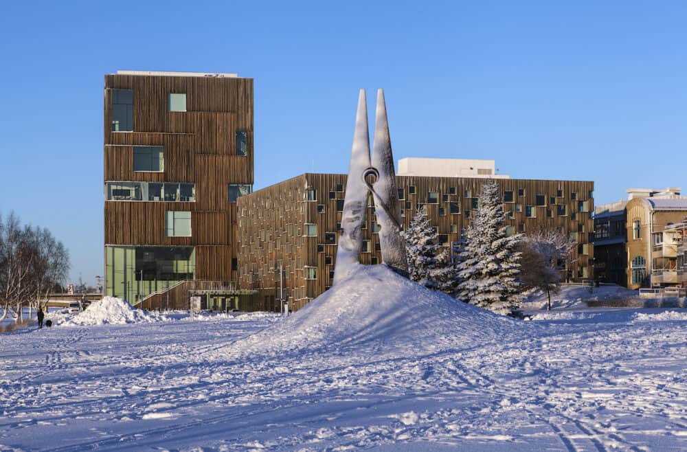 UMEA, SWEDEN - View of an artwork by Megmet Ali Uysal, Skin 4 in Umea, Sweden. The Clothespin, this side Umea Academy of Fine arts.