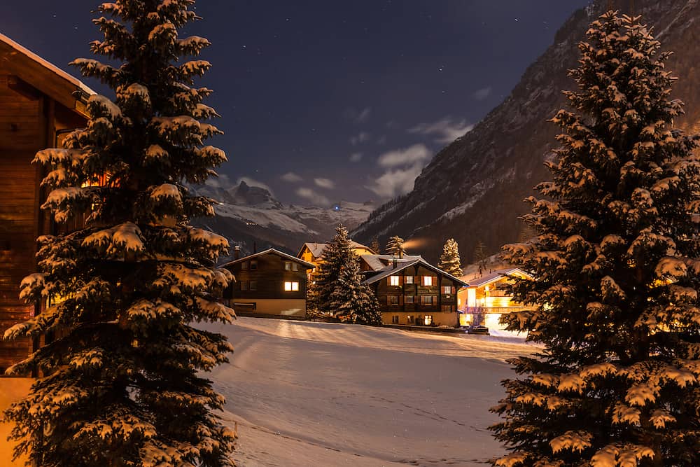 Winter night view with clear sky of the tasch valley the gate to Zermatt Switzerland
