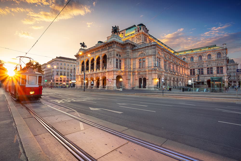 Vienna, Austria. Cityscape image of Vienna with the Vienna State Opera during sunset.