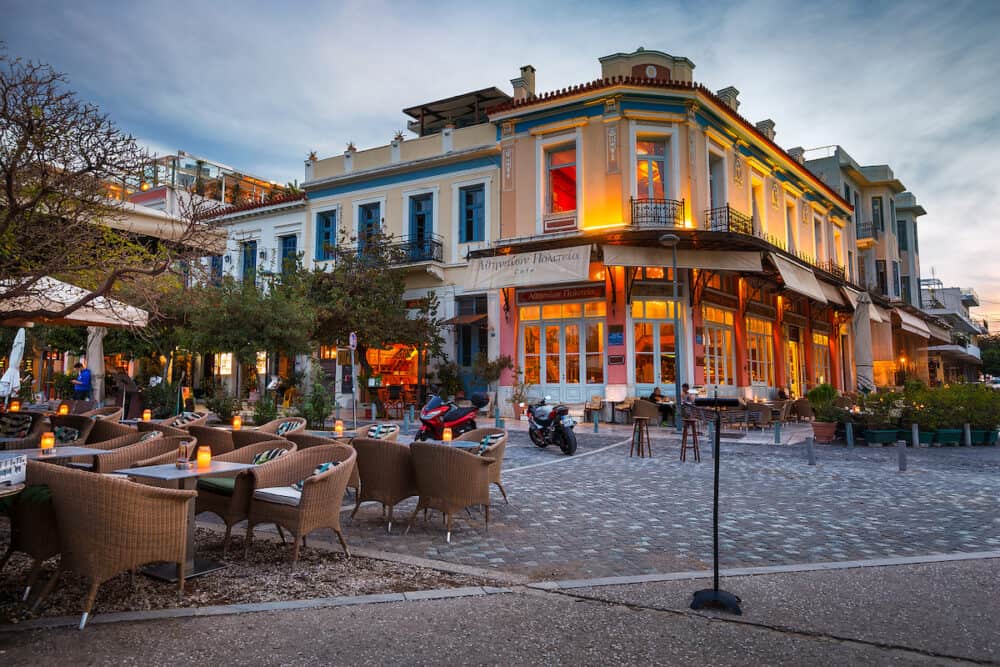 Athens, Greece - Coffee shops and bars in Thissio neighbourhood of Athens, Greece.