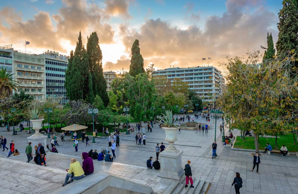 View of Syntagma Square in the sunset. The square is a popular landmark and meeting point of the city.